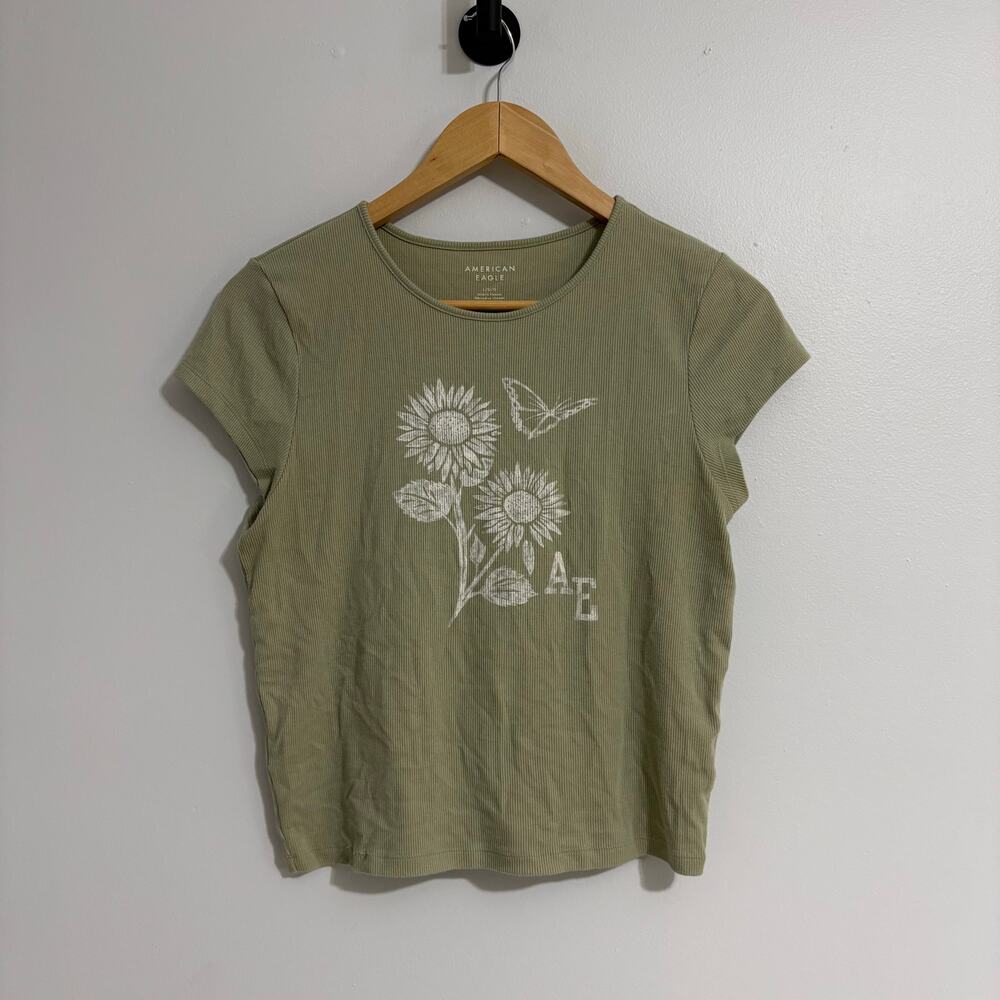 Women's Large Ribbed American Eagle Olive Cottage Flower Butterfly Spring Fairy
